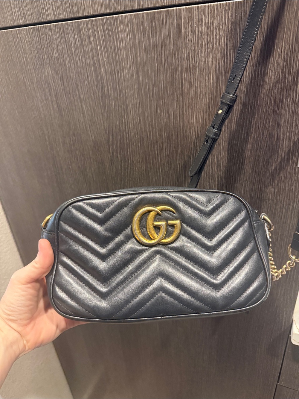 Gucci Black Chevron GG Marmont Crossbody Bag with Gold Hardware